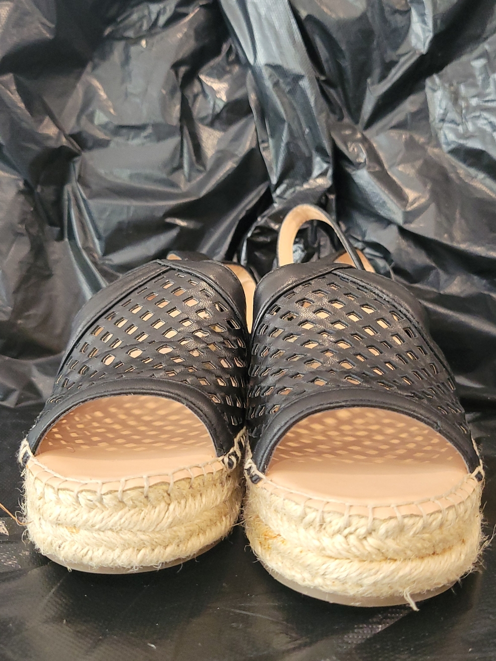 Franco Sarto Black Leather Woven Espadrille Platform Sandals